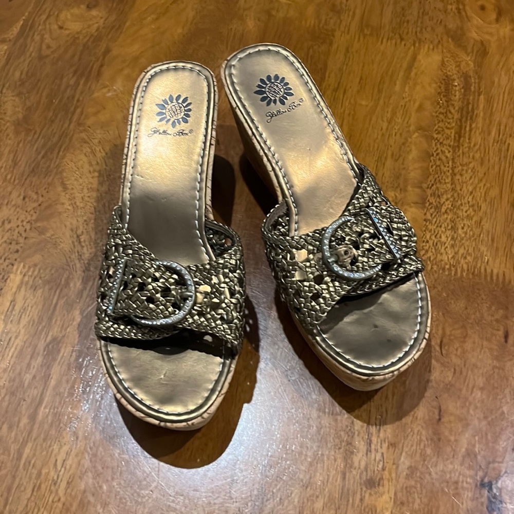 Yellow box wedge shoes. Size 7.5. Bronze with jeweled buckle